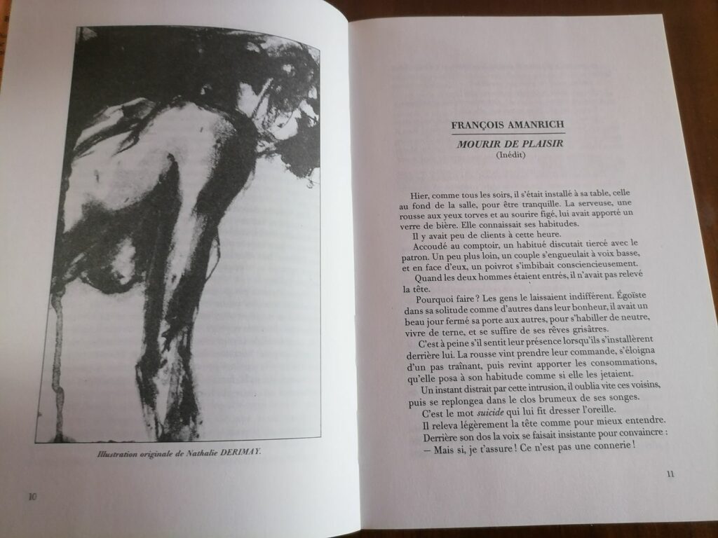 Extrait de Mourir de Plaisir par François Amanrich dans la revue de littérature érotique Les Feuillets roses/L'effeuillée rose n°6, éditions Nigel Gauvin, octobre 1992
