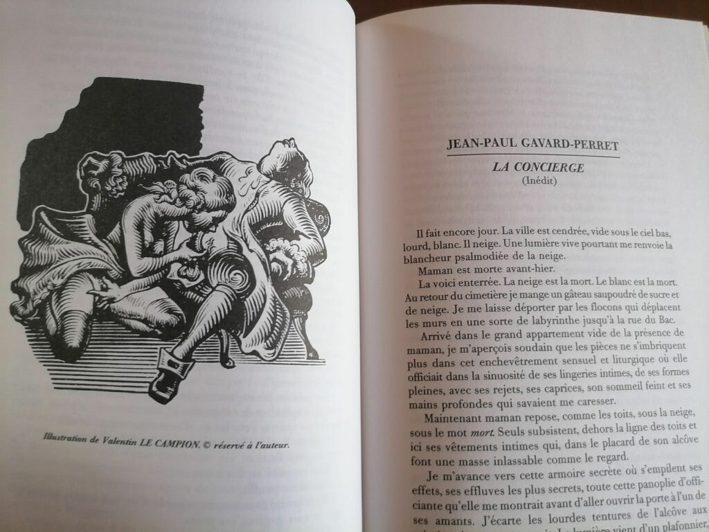 Extrait de La Concierge par Jean-Paul Gavard-Perret dans la revue de littérature érotique Les Feuillets roses/L'effeuillée rose n°6, éditions Nigel Gauvin, octobre 1992