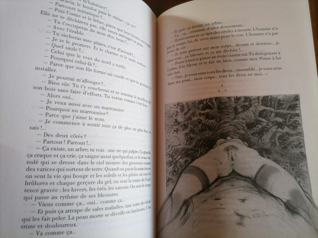Extrait de Histoire d'arbres par Yves Hugues et illustration de Henri I. Cleaver dans la revue de littérature érotique Les Feuillets roses/L'effeuillée rose n°6, éditions Nigel Gauvin, octobre 1992