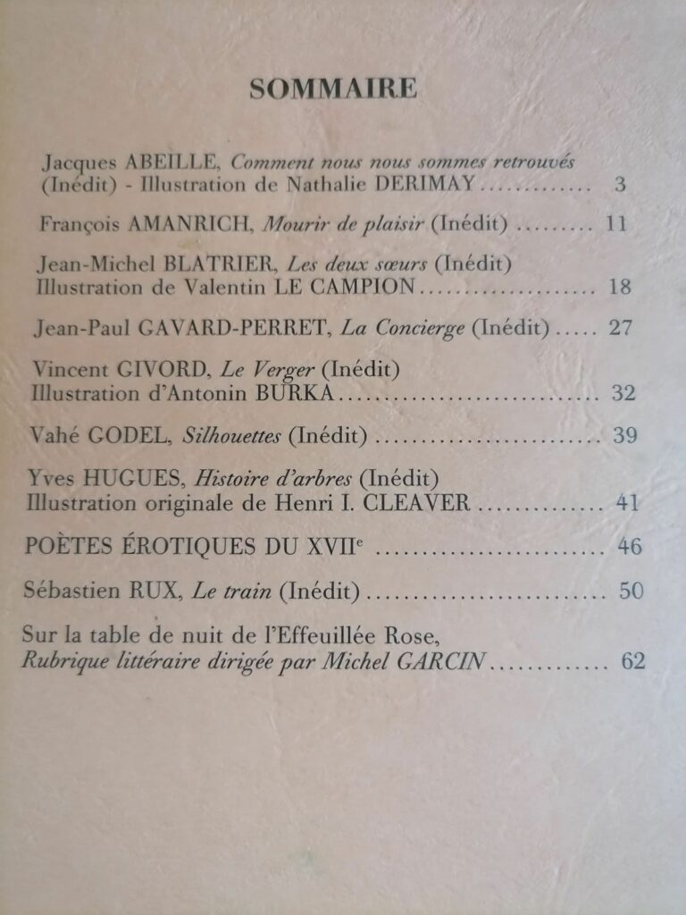 Sommaire de la revue de littérature érotique Les Feuillets roses/L'effeuillée rose n°6, éditions Nigel Gauvin, octobre 1992