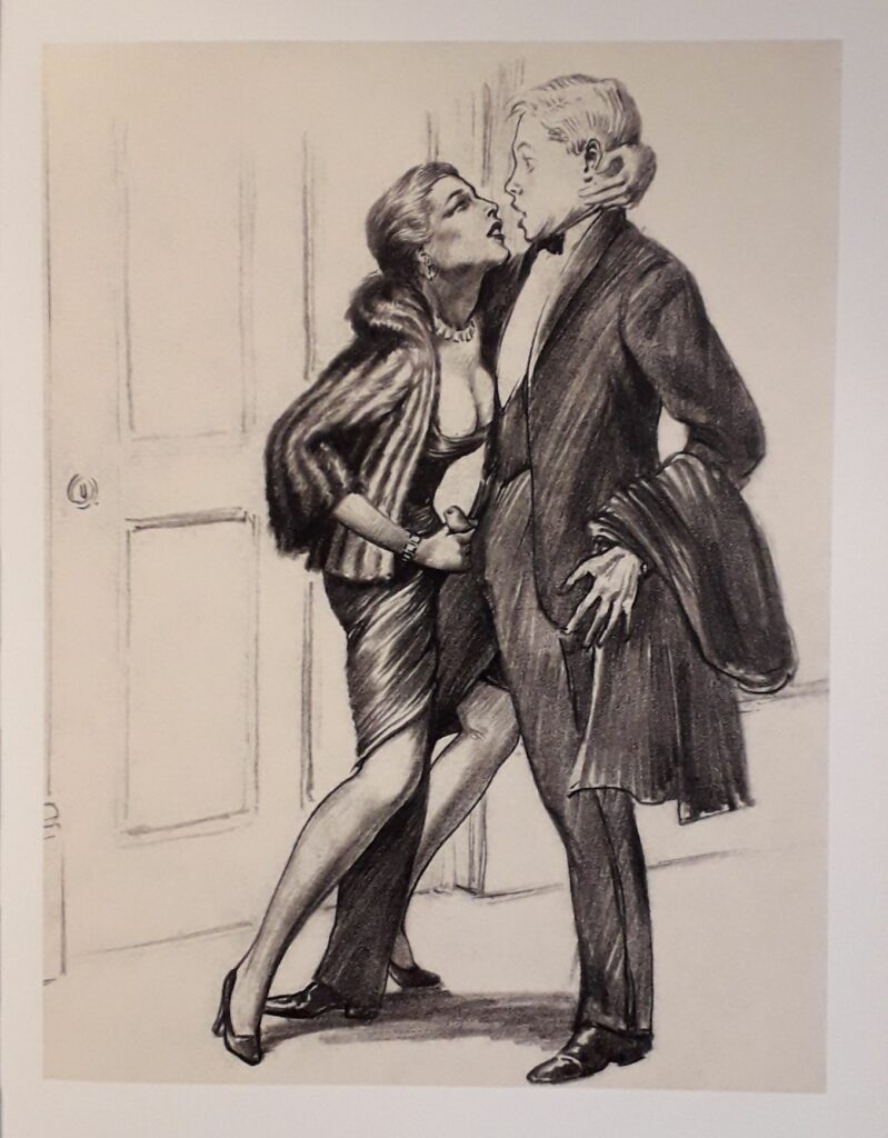 Dessin érotique de Tom Poulton d'une femme masturbant un homme habillé