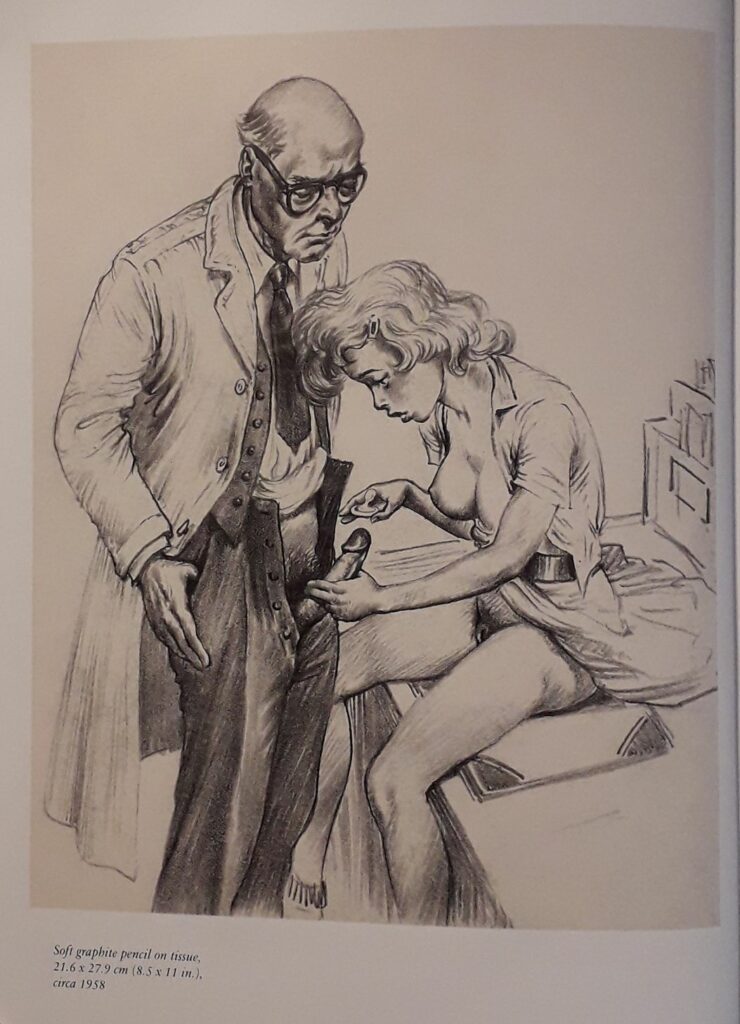 Dessin érotique d'une secrétaire robe ouverte masturbant un docteur