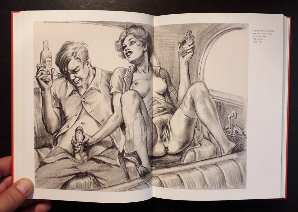 Dessin érotique d'une scène masturbation mutuelle entre homme et femme dans une voiture par Tom Poulton