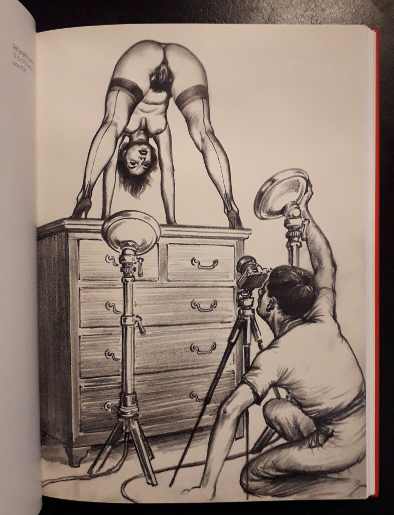 Dessin érotique d'une femme exhibitionniste se faisant photographier par un homme, par Tom Poulton