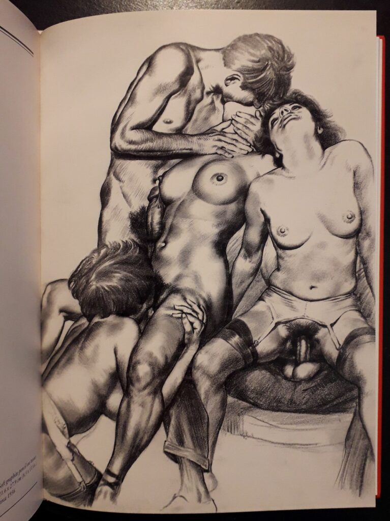 Dessin d'une scène de sexe à plusieurs par Tom Poulton dans The Secret Art of an English Gentleman