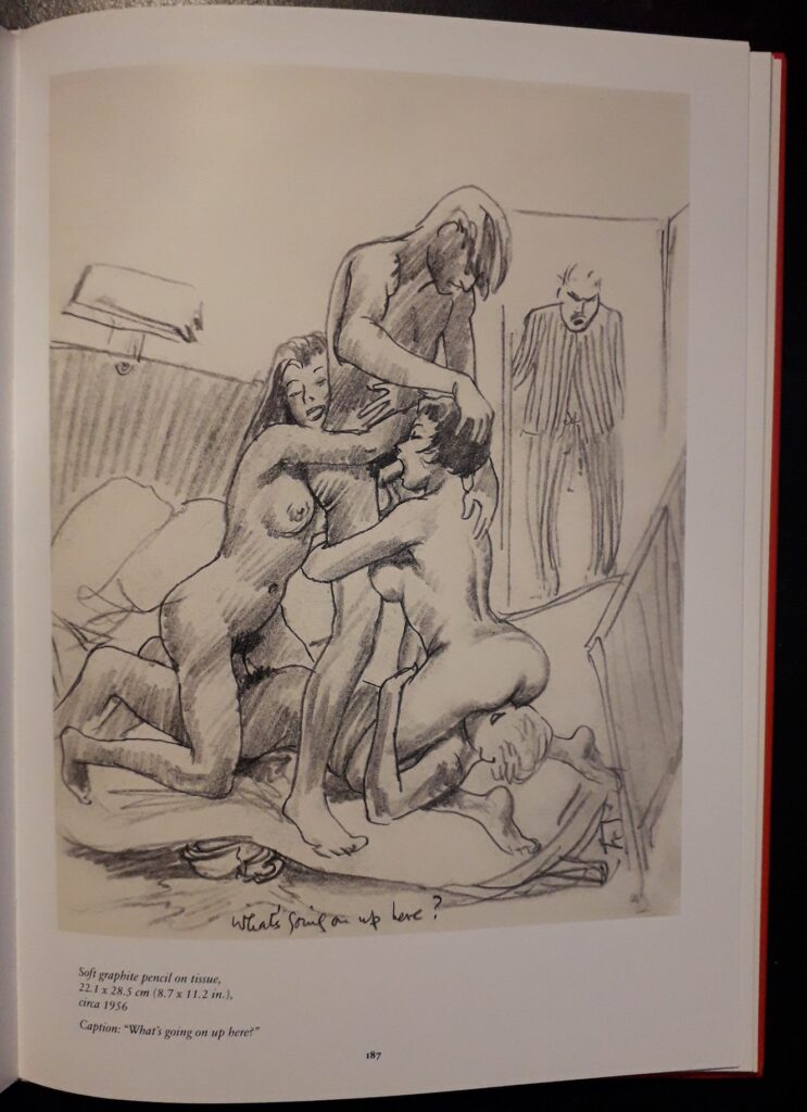 Dessin d'une scène de sexe oral à plusieurs par Tom Poulton dans The Secret Art of an English Gentleman