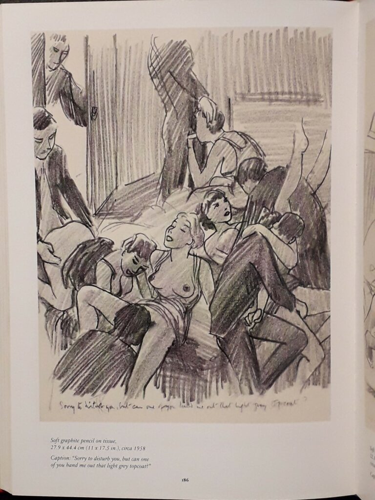 Dessin d'une scène de sexe à plusieurs par Tom Poulton dans The Secret Art of an English Gentleman