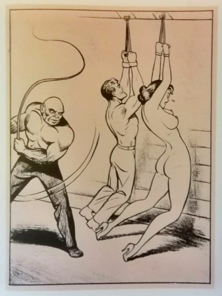 Dessin BDSM d'un homme et d'une femme fouettés par Joe Shuster, pour The Strange love of Alice dans Nights of Horror n°1
