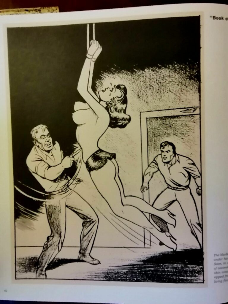 Dessin BDSM d'une femme suspendue et maltraitée par Joe Shuster, pour Book of Torture dans Nights of Horror n°1