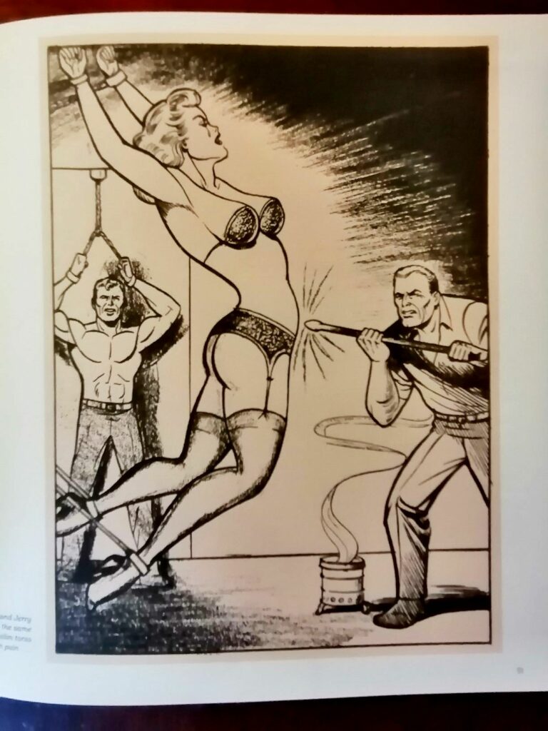 Dessin BDSM d'une femme prisonnière marquée au fer par Joe Shuster, pour Nights of Horror n°2, Devil’s Formula