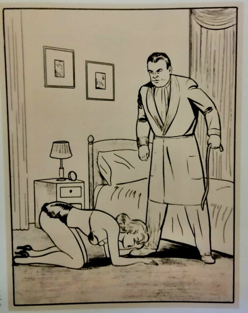Dessin BDSM d'une femme en lingerie et talons à quatre pattes au pied d'un homme par Joe Shuster, pour Yhe Vortex dans Nights of Horror n°5