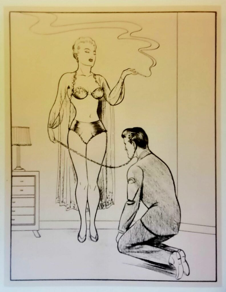 Dessin BDSM d'un homme en laisse au pied d'une femme en lingerie fumant une cigarette femme par Joe Shuster pour Nights of Horror n°7, The Bride Wore Leather