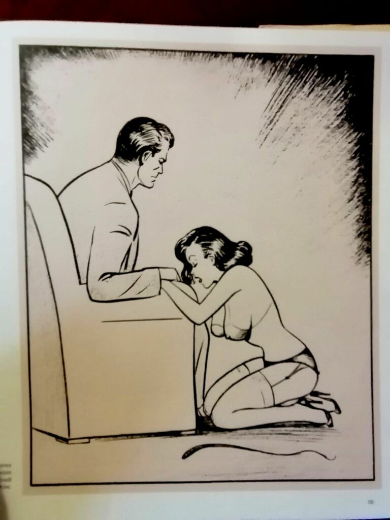 Dessin érotique d'une femme en sous-vêtement à genoux devant un homme par Joe Shuster dans Nights of Horror n°15, Dreams for Sale