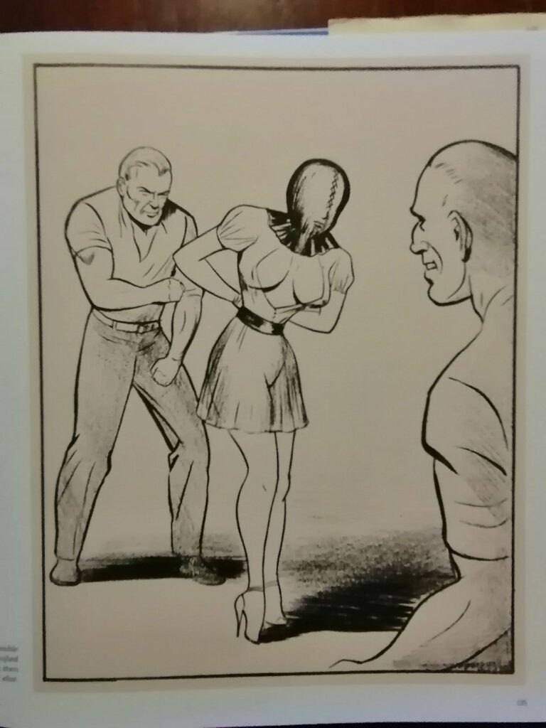 Dessin bondage d'une femme portant une cagoule menacée par deux hommes par Joe Shuster dans Nights of Horror n°16, The Flesh Mercants