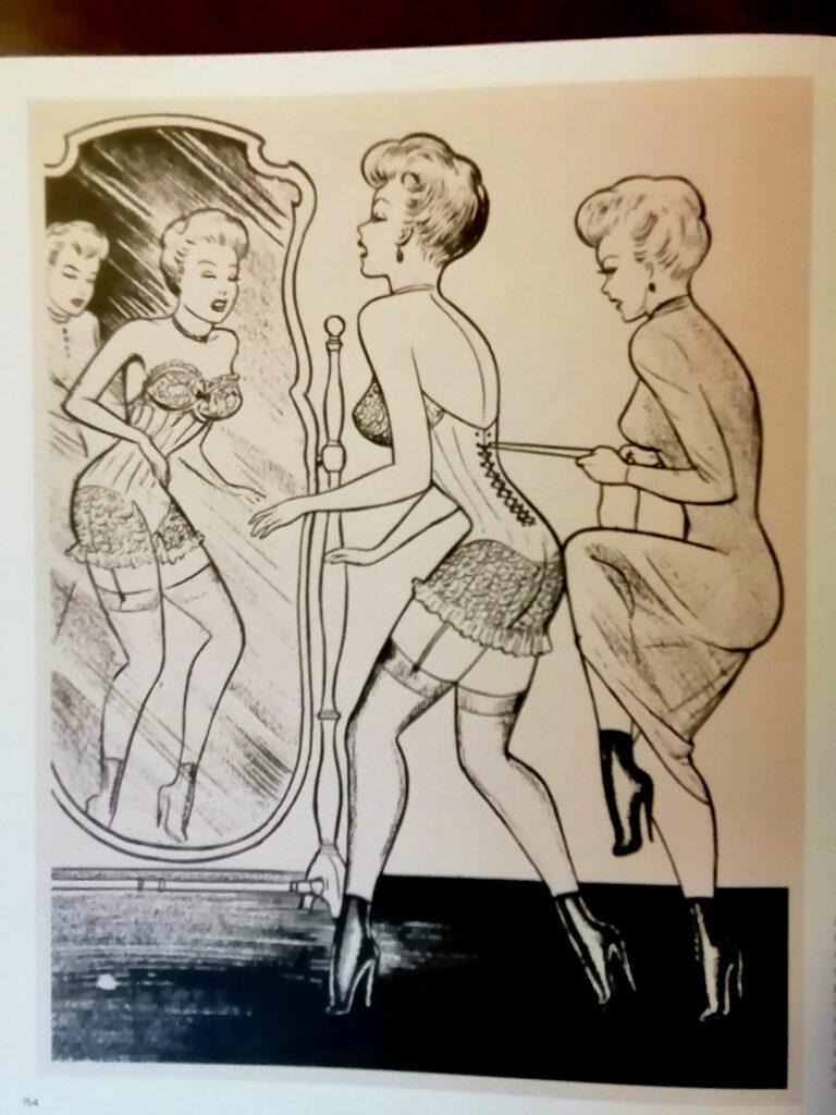 Dessin fetish d'une femme en corset et talons hauts par Joe Shuster pour la revue Continental n°1, Old Fashioned