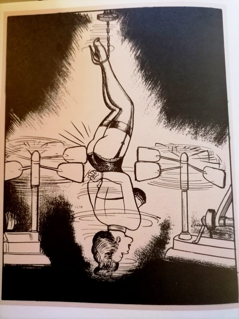 Dessin BDSM d'une femme suspendue fouettée par des paddle par Joe Shuster dans Rode Rule