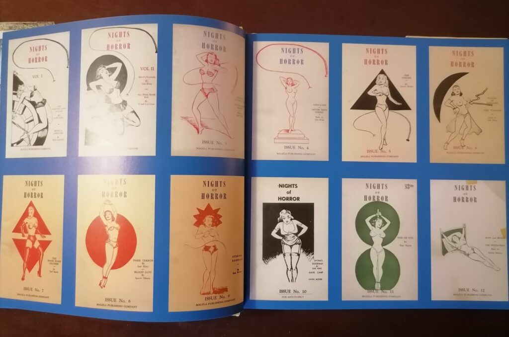 Les couvertures du fanzine américain fetish et BDSM Nights of Horror, avec des dessins de Joe Shuster