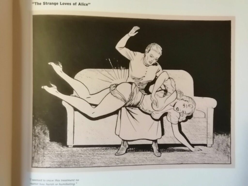 Dessin de spanking (fessée) par Joe Shuster, pour The Strange love of Alice dans Nights of Horror n°1