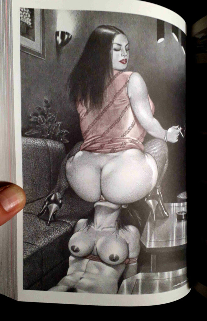 Femme en talons assise sur une femme ligotée : dessin BDSM de Namio Harukawa