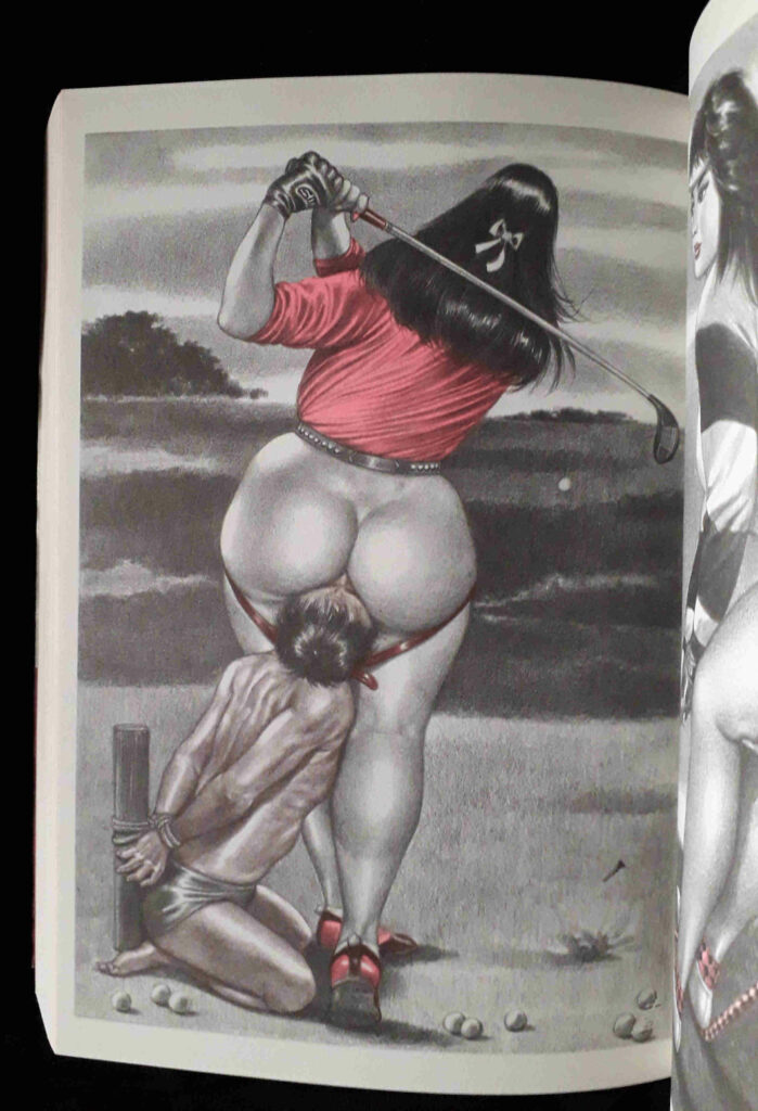 Femme jouant au golf avec un homme enchainé à ses fesses : dessin BDSM de Namio Harukawa