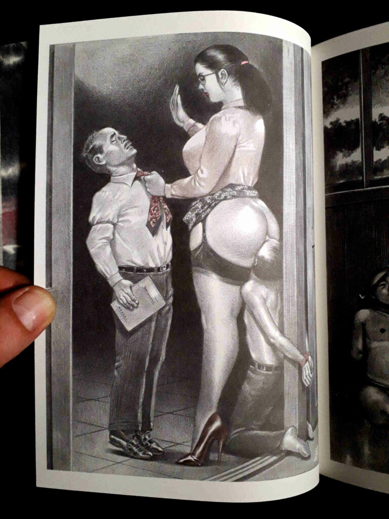 Dessin érotique d'une secrétaire japonaise giflant un homme par Namio Harukawa