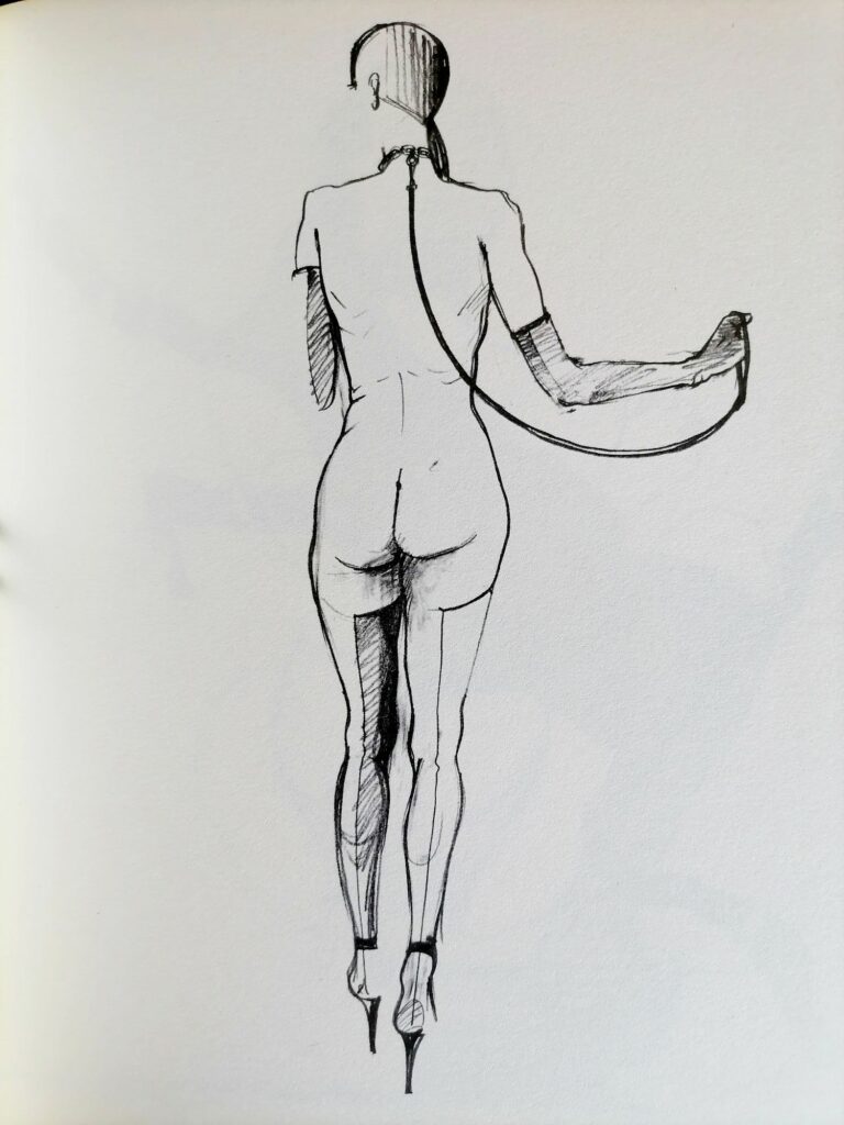 Dessin BDSM de femme de dos en laisse par Tomi Ungerer dans Totempole