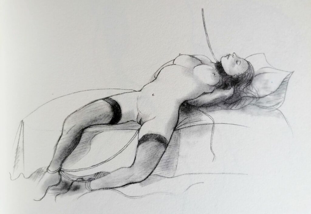 Dessin BDSM de femme nue en laisse et attachée par Tomi Ungerer dans Totempole