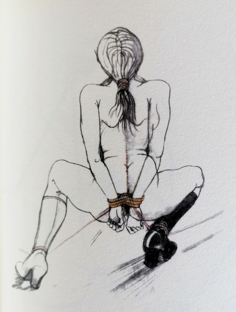Dessin BDSM de femme mains liées dans le dos par Tomi Ungerer dans Totempole