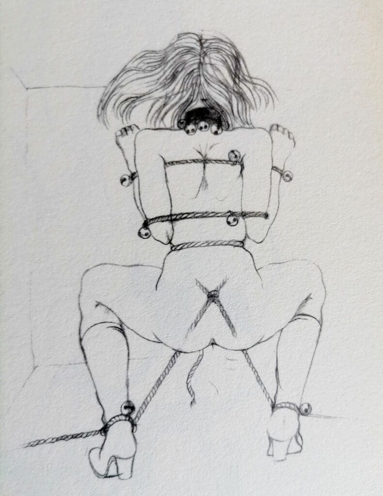 Dessin BDSM de femme de dos attachée par des cordes par Tomi Ungerer dans Totempole