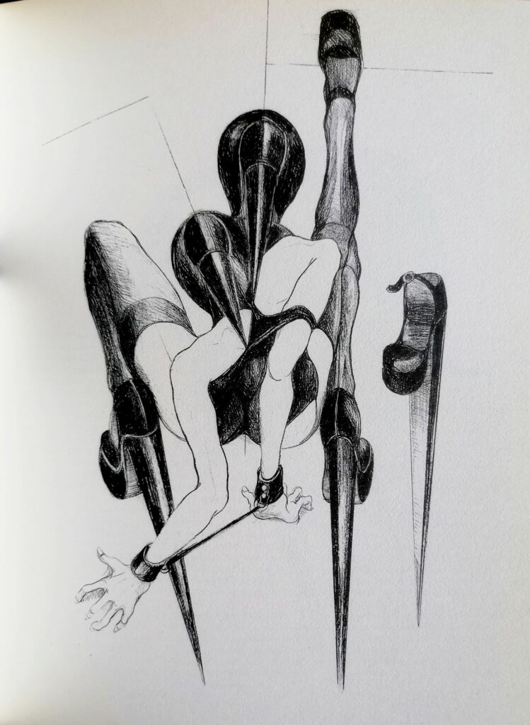 Dessin BDSM de femme de dos talons très hauts par Tomi Ungerer dans Totempole