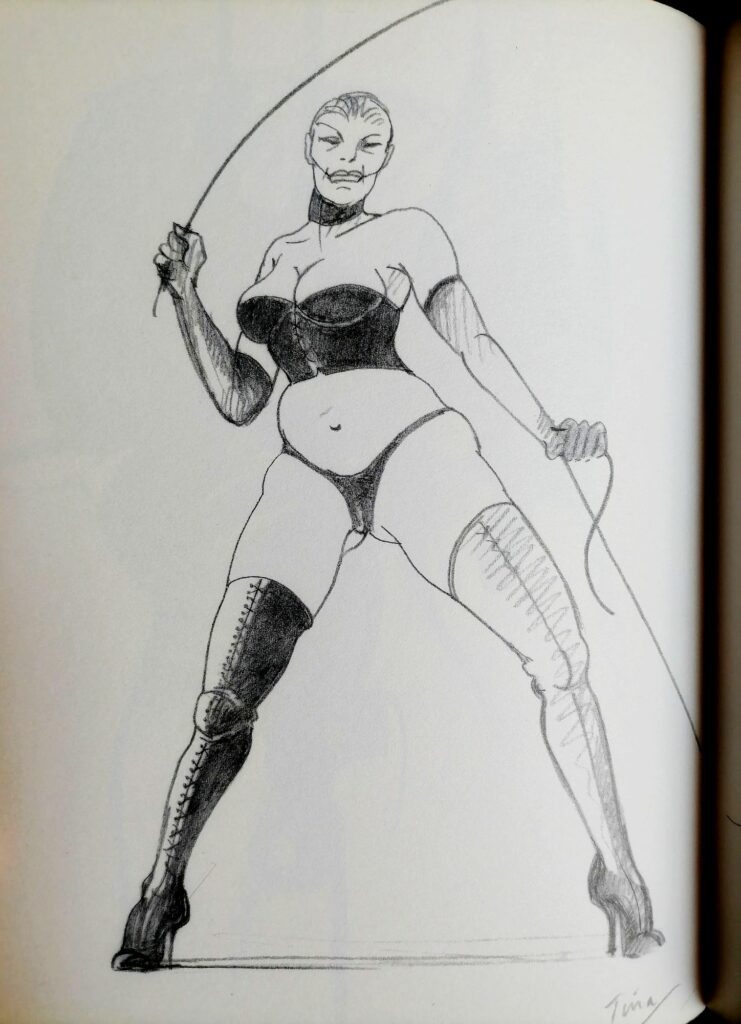 Dessin BDSM d'une prostituée dominatrice allemande avec une badine par Tomi Ungerer dans Herbertstrasse Hamburg