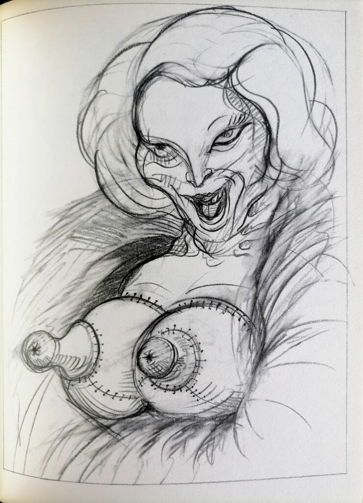 Dessin d'une femme aux tétons gonflés énormes par tomi ungerer dans Babylon