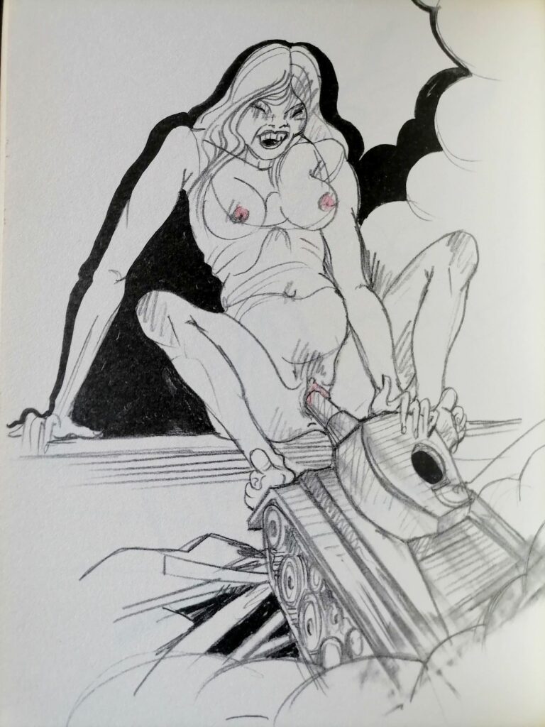 Dessin érotique et satirique d'une femme nue jouant avec un char d'assaut par Tomi Ungerer dans Babylon