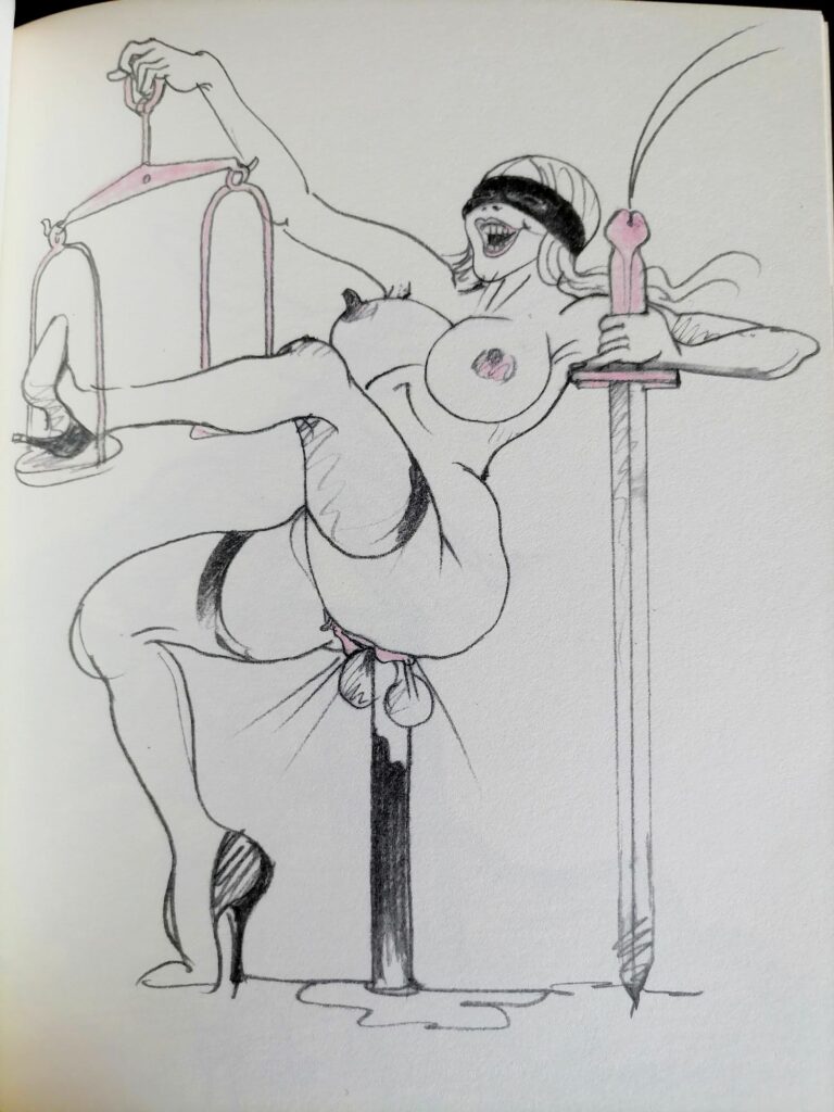 Dessin érotique et satirique d'une femme nue représentant la justice avec glaive et balance par Tomi Ungerer dans Babylon