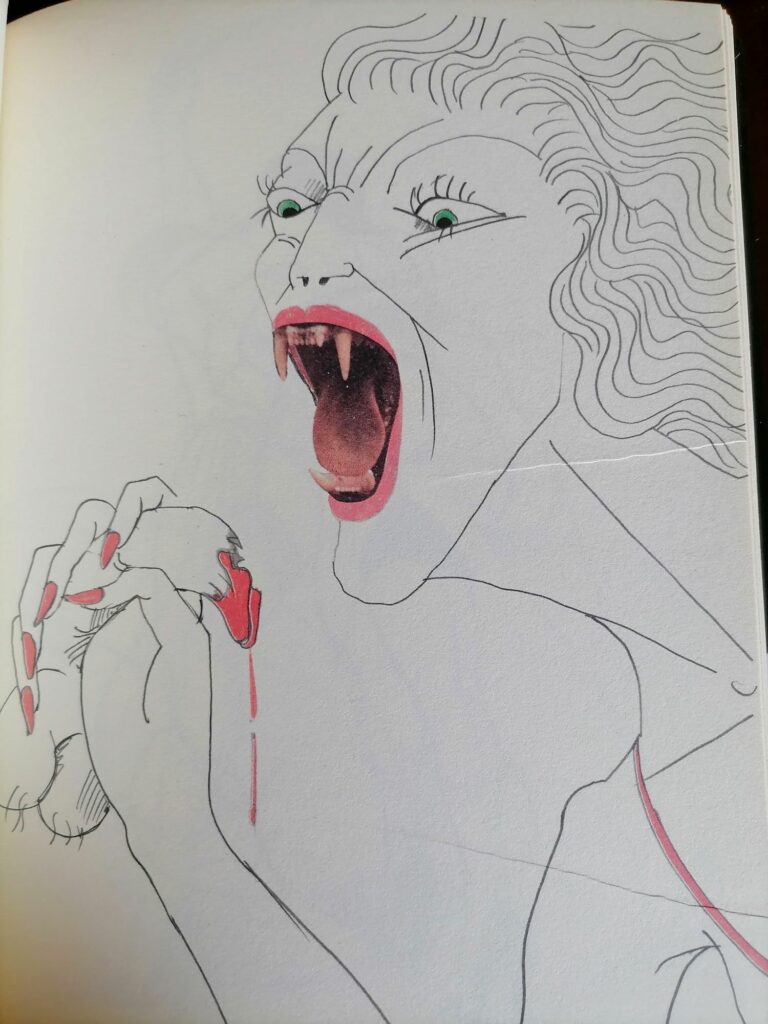 Dessin érotique et satirique d'une femme vampire dévorant un sexe d'homme par Tomi Ungerer dans Ladies and Housewives