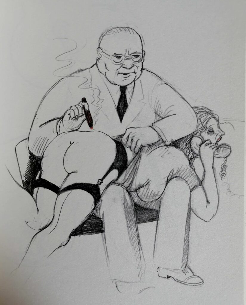 Dessin BDSM d'une femme nue en bas sur les genoux d'un homme d'affaires qui lui brûle les fesses avec un cigare par Tomi Ungerer dans Ladies and Housewives