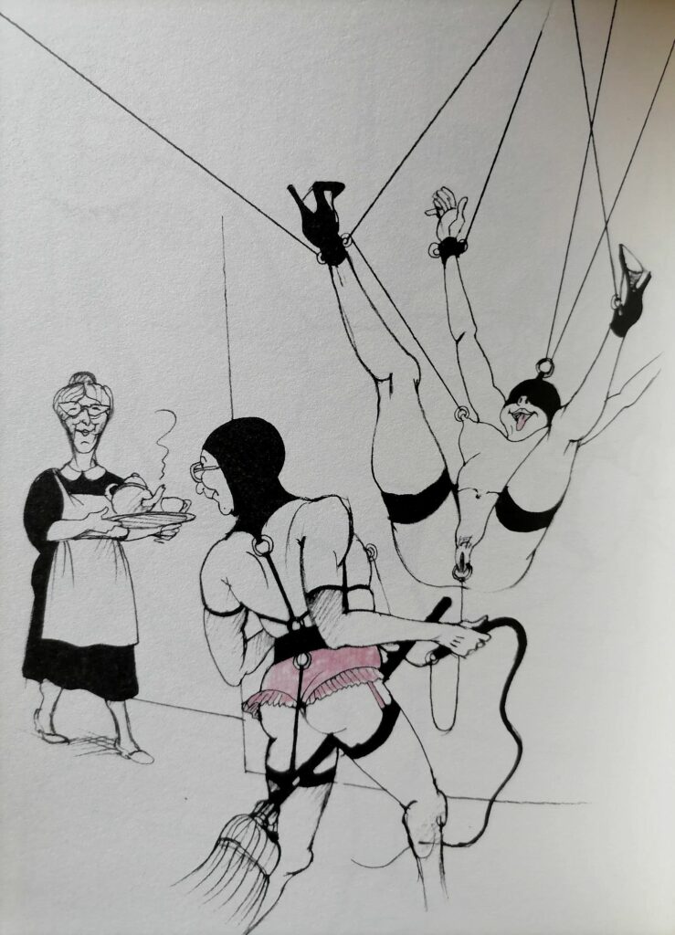 Dessin érotique et satirique d'un couple supris en séance BDSM par une domestique par Tomi Ungerer dans Ladies and Housewives