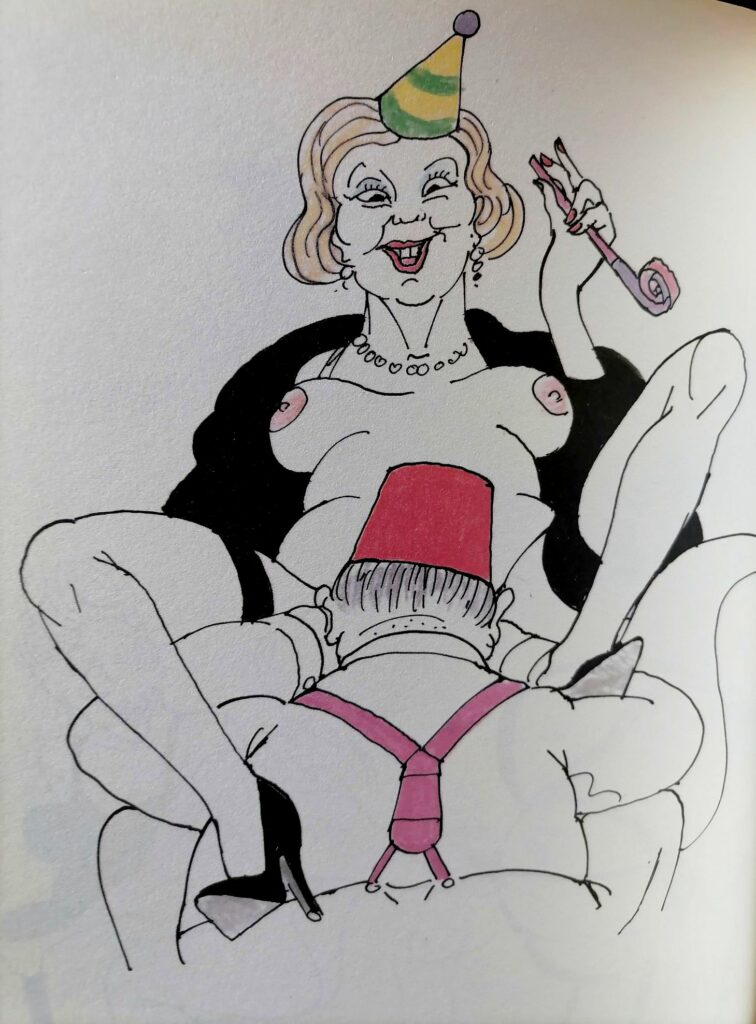 Dessin érotique et satirique d'une femme âgée recevant un cunnilingus avec des cotillons par Tomi Ungerer dans The Party