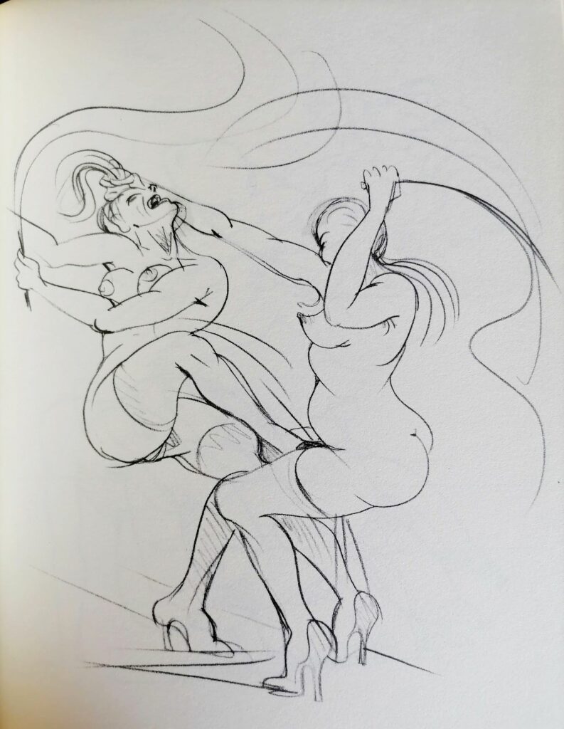 Dessin au trait érotique de deux femmes nues se battant avec un fouet par Tomi Ungerer dans The Party
