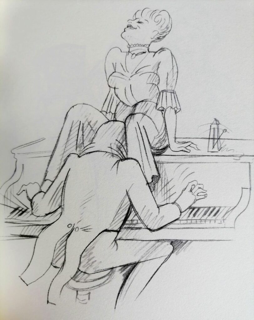 Dessin érotique et satirique d'une femme du monde assise sur un piano et se faisant lécher par le pianiste par Tomi Ungerer dans Good Old Times