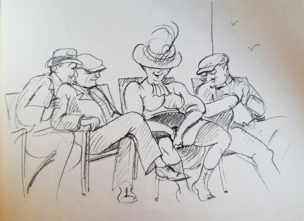 Dessin au trait érotique d'une femme se touchant devant des hommes par Tomi Ungerer dans Good Old Times