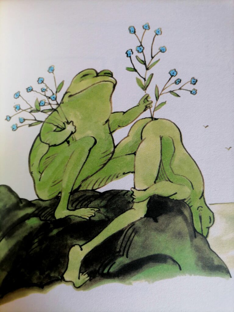 Dessin érotique de jeux sexuels entre deux grenouilles par Tomi Ungerer dans Frogs and Flowers
