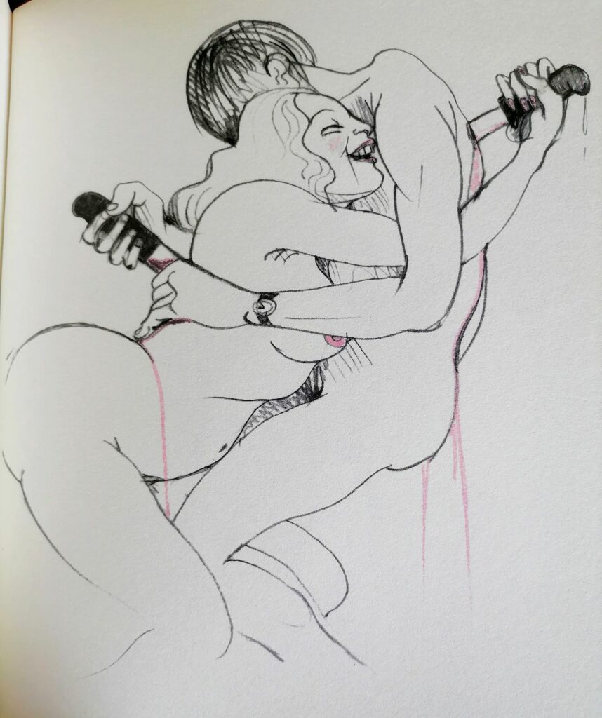 Dessin érotique d'un couple s'enlaçant et se poignardant mutuellement par Tomi Ungerer dans Last Rites