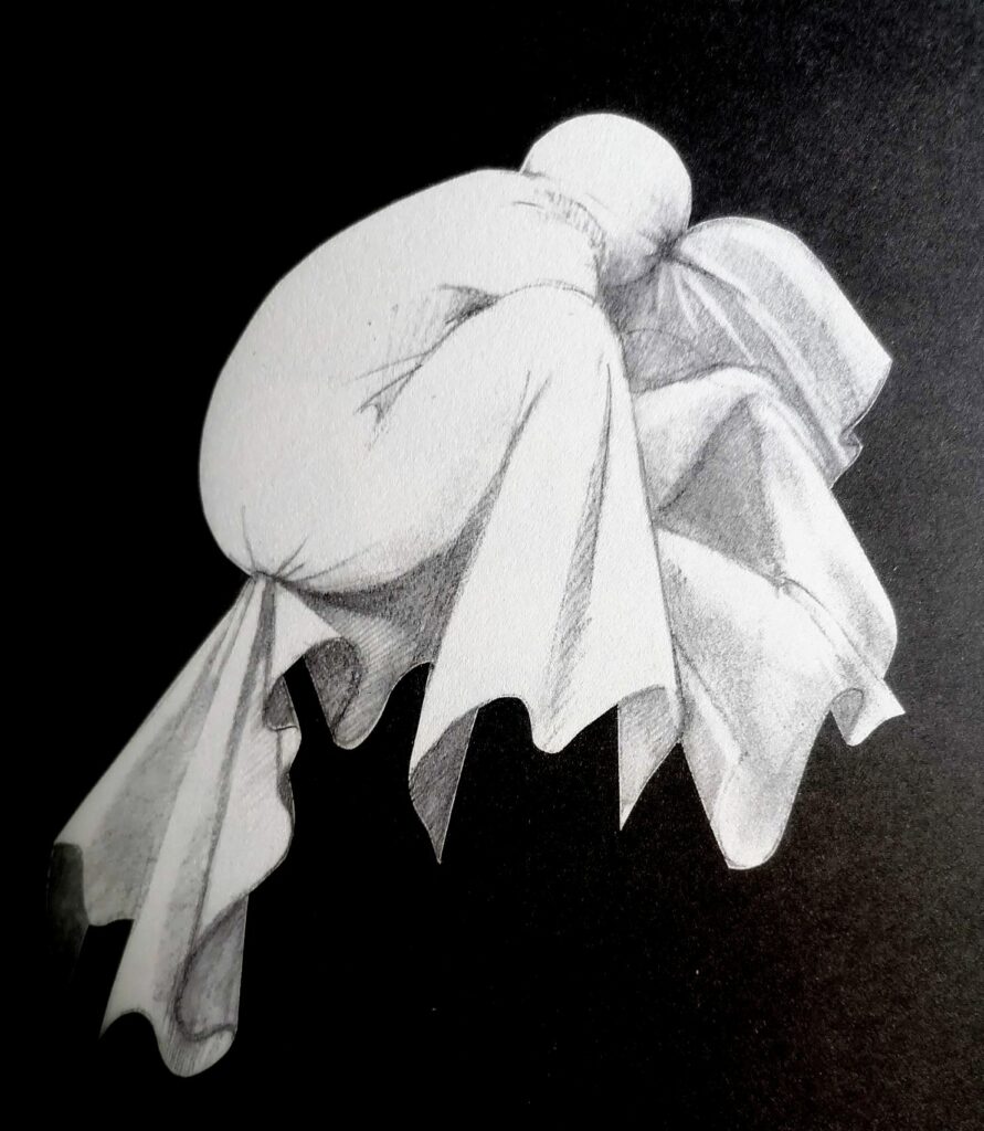 Dessin de deux corps habillés de draps comme des fantômes s'enlaçant par Tomi Ungerer dans Last Rites