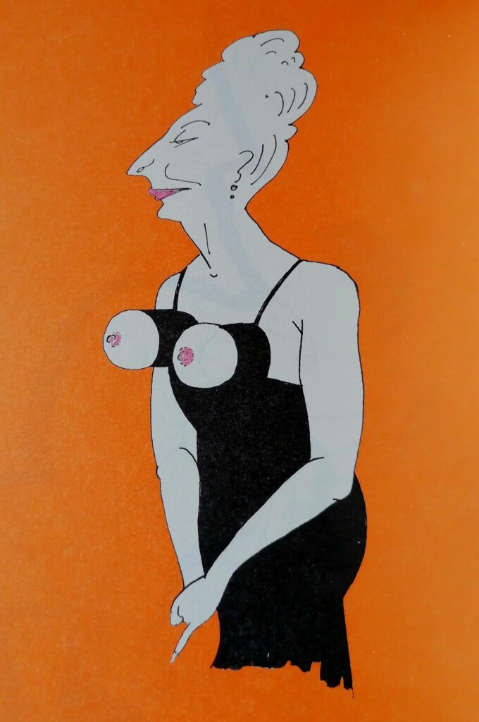 Dessin d'une femme du monde âgée les seins en bondage par Tomi Ungerer dans The Party