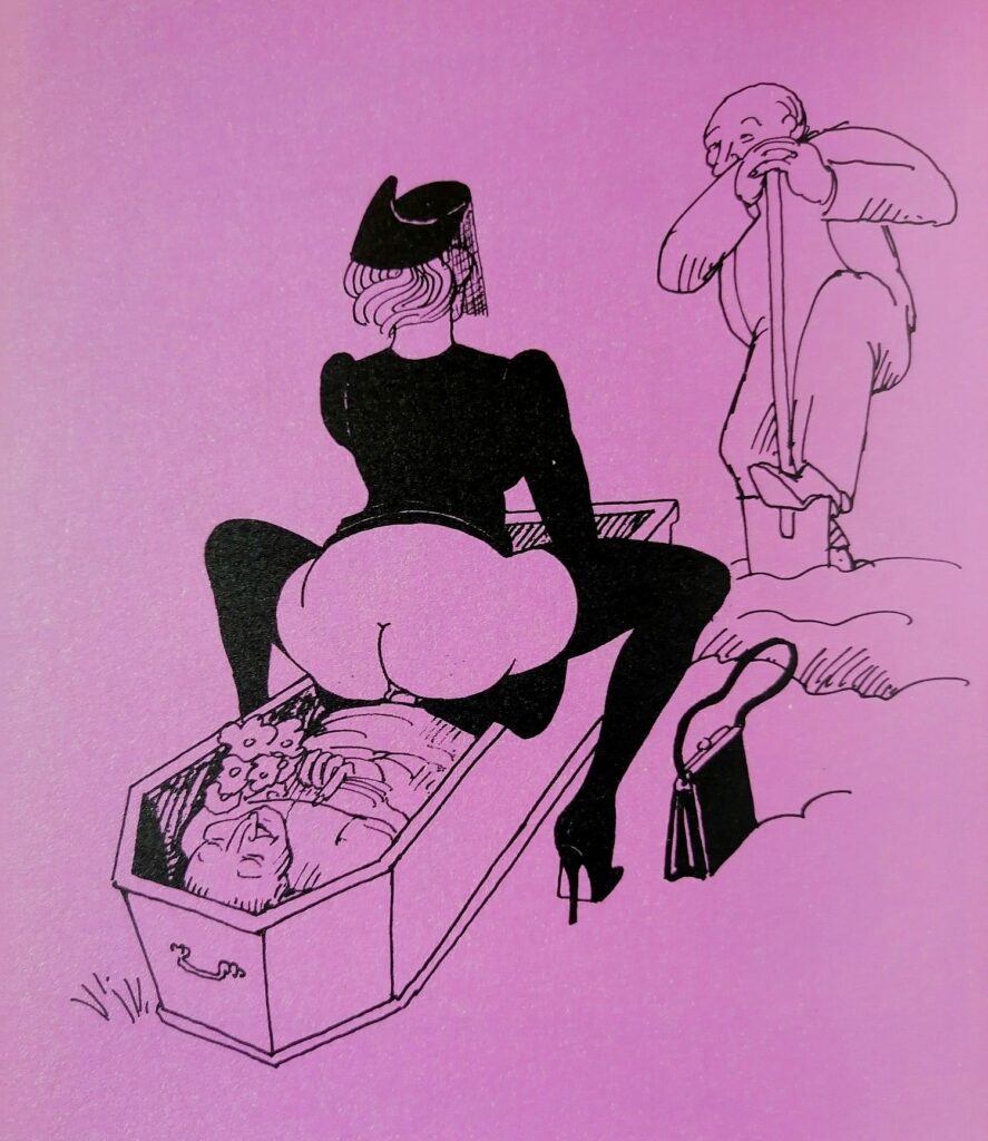 Dessin d'une femme les fesses nues chevauchant un cercueil devant le fossoyeur par Tomi Ungerer dans Last Rites