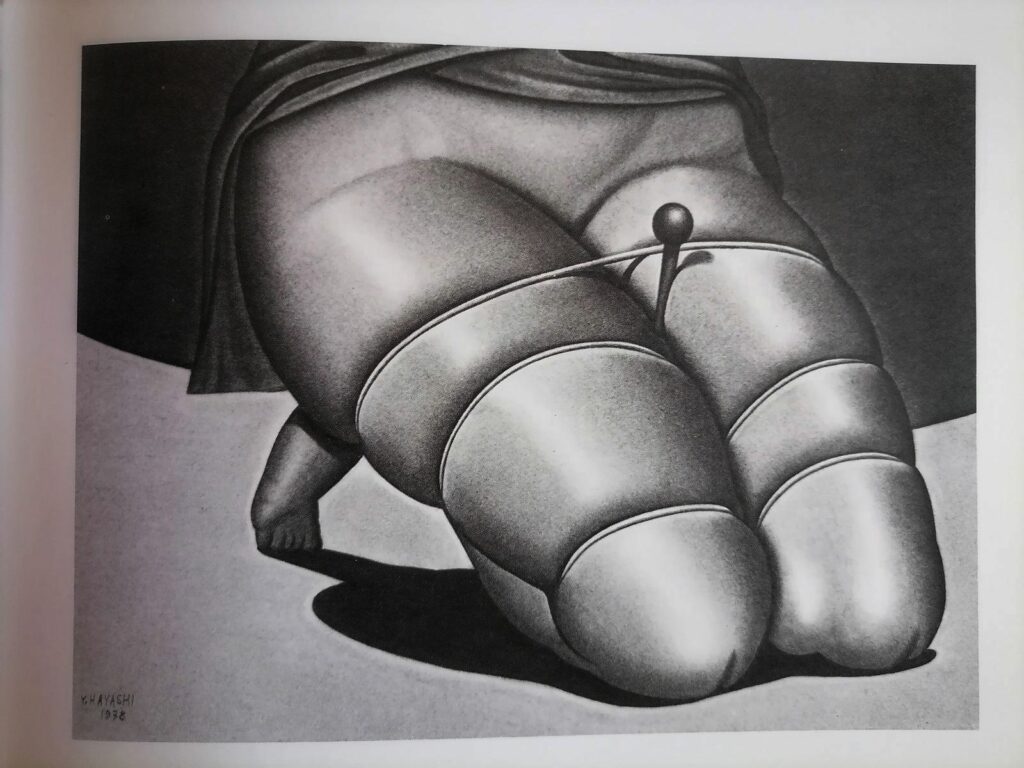Dessin d'une femme aux jambes liées dans Cent dessins érotiques de Yoshifumi Hayashi, éditions Le Club du livre secret 1982 (introduction de Walerian Borowczyk)