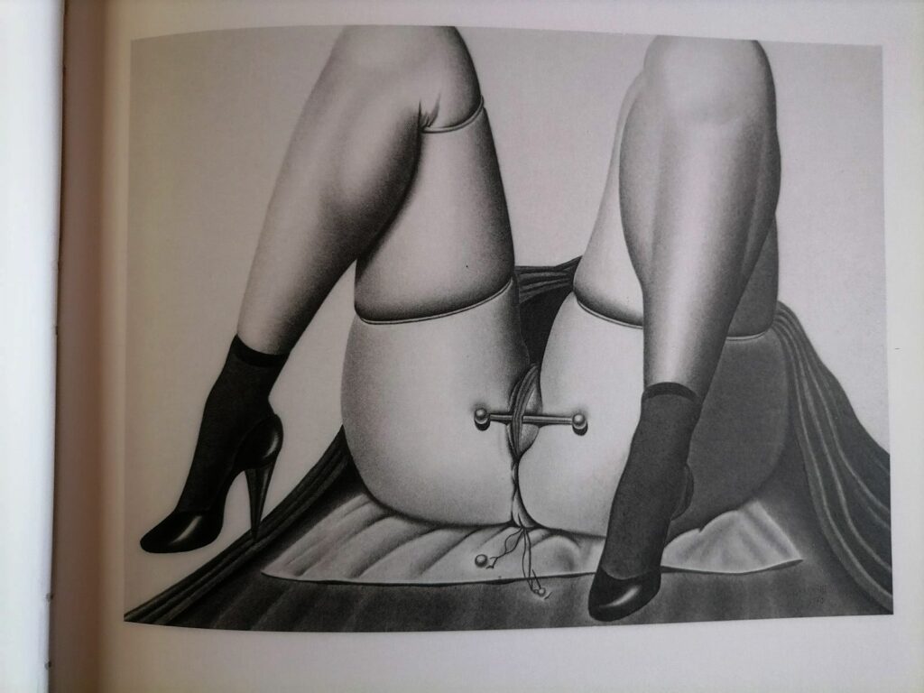 Dessin d'une femme nue jambes écartées dans Cent dessins érotiques de Yoshifumi Hayashi, éditions Le Club du livre secret 1982 (introduction de Walerian Borowczyk)