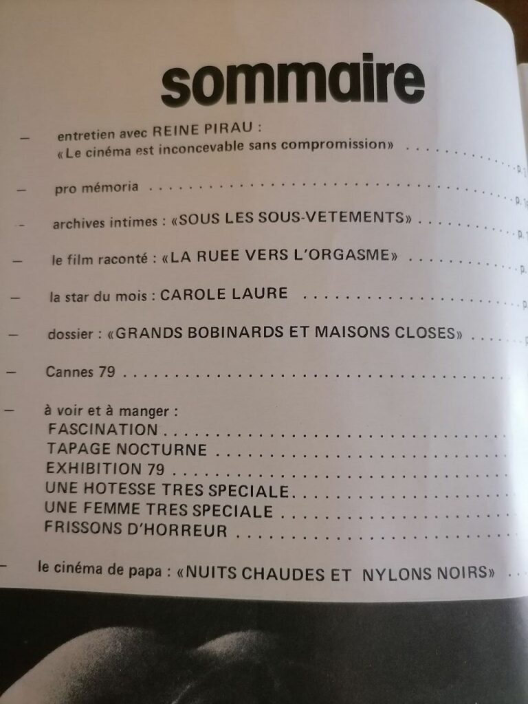 Sommaire de Ciné Eros Star numéro 1, la revue de l'érotisme au cinéma, 1980. Avec Reine Pirau, Carole Laure, Grands bobinards et maison closes