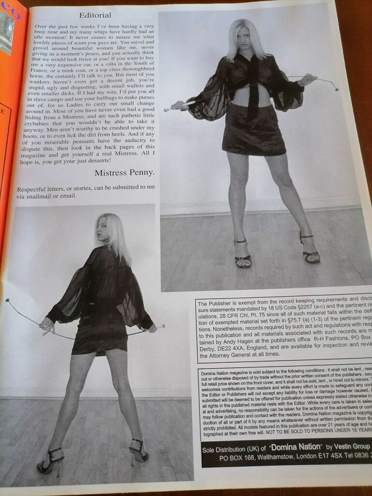 Revue SM/fetish domina nation numéro 7. Devoted to the dominant female. Femmes en talons avec cravache